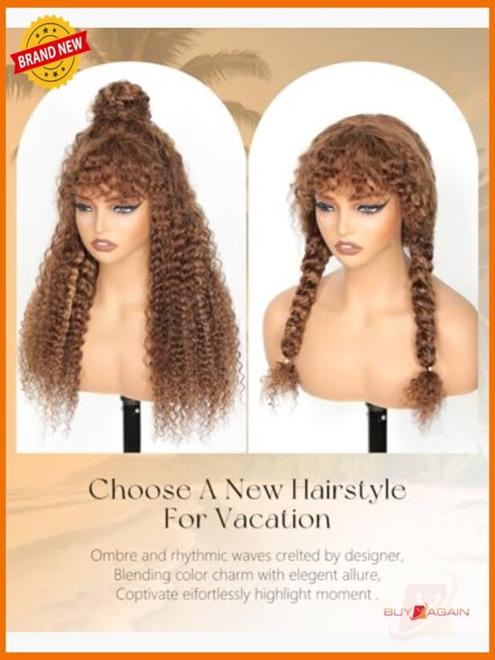 Ombre Highlight Curly Wig with Bangs HD Lace Glueless Water Wave 24 Inch